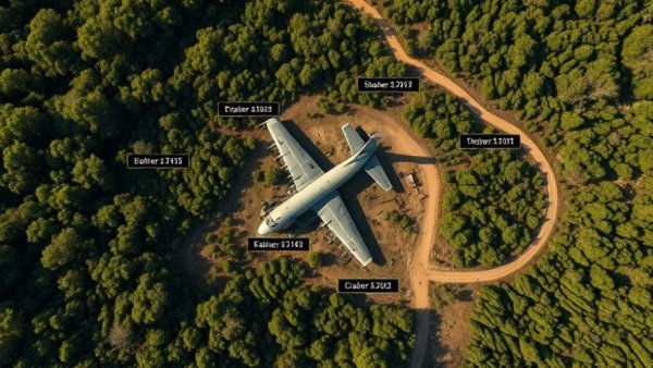 Aerial view of Bomber 139 crash investigation site with impact points labeled.