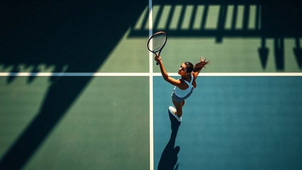 Focused female tennis player serving; mindfulness in action on court.