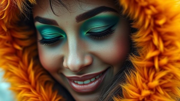 Close-up of woman with best eyeshadow palettes in green, wearing orange fur.