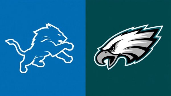 Eagles vs Lions Game Highlights logos in split design