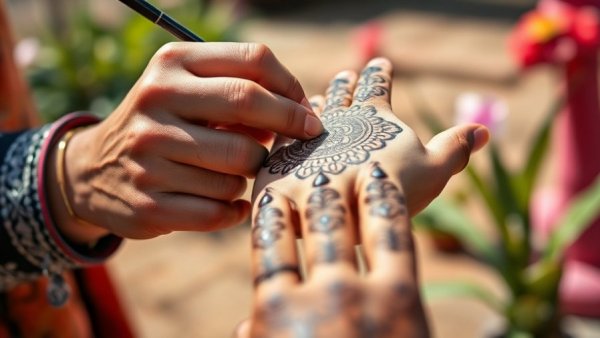 Henna mindfulness practice: applying intricate design outdoors.