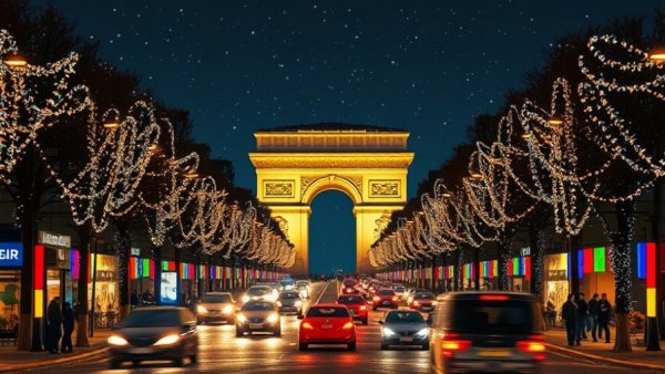 Swarovski Champs-Élysées Holiday Takeover with festive lights.