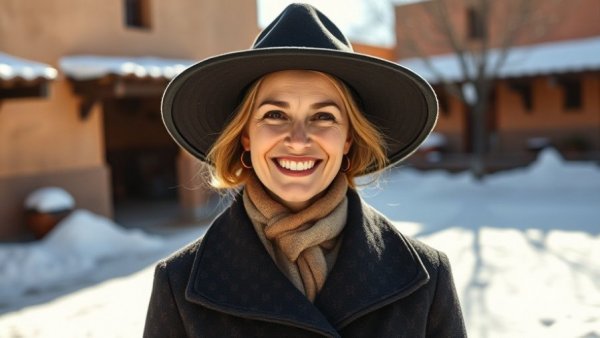 Smiling woman in winter coat and hat outdoors, Native American recipes.