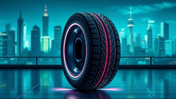 Futuristic glowing cyber tire in digital cityscape.