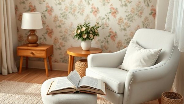 Cozy living room with white armchair and wooden table, Etsy home upgrades.