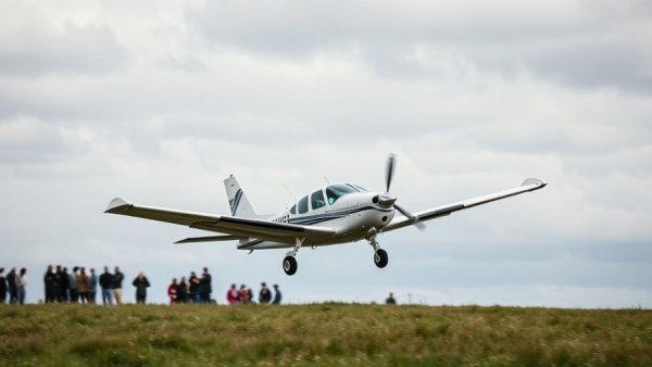 Small Cessna aircraft taking off in Guyana, cloudy day scene.