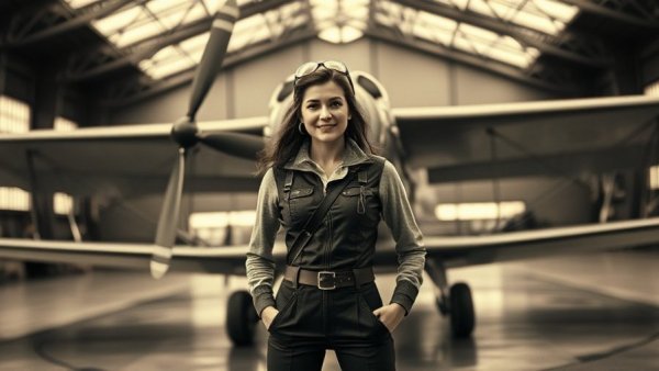 Woman pilot with vintage aircraft in hangar, learn to fly.