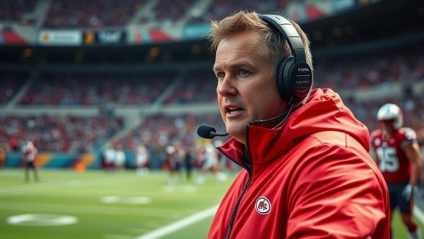 Energetic football coach directs players during College Football Playoff Rankings.