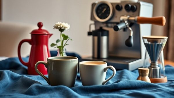Stylish coffee gifts arrangement with various items against textured fabrics.