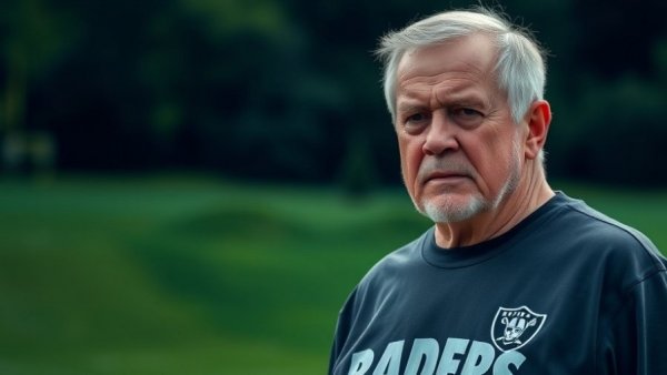 Older man in Raiders attire with serious look outdoors.