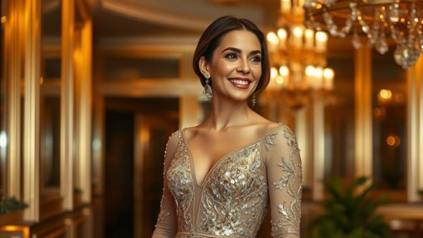 Elegant woman in glittering gown with classic French manicure indoors.