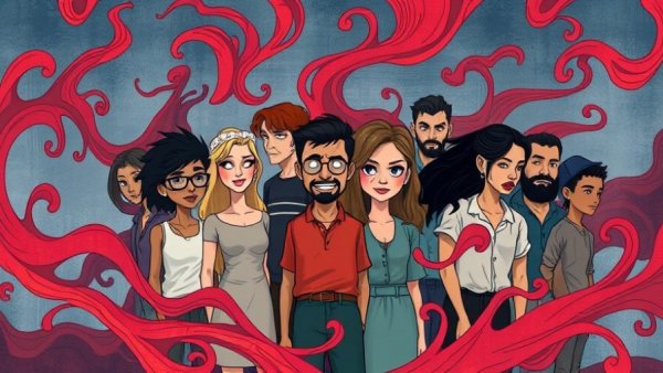 Abstract illustration of toxic jealousy in diverse group.