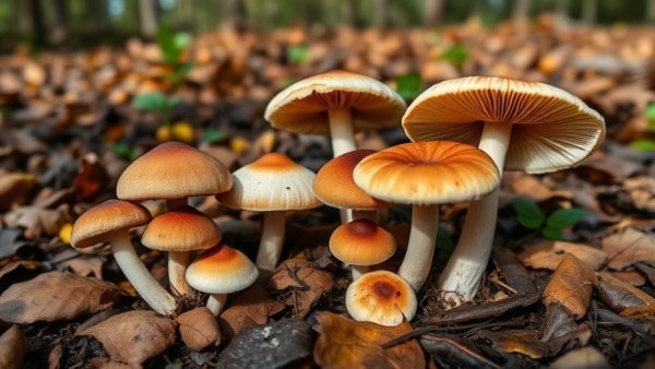 Medicinal mushrooms with distinct caps in a forest setting.