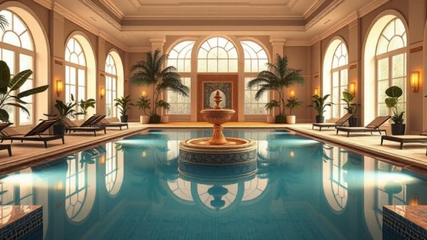 Peppermill Resort Spa indoor pool with elegant decor and plants.