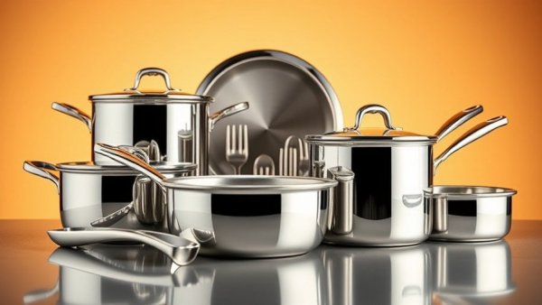 Polished stainless steel cookware set with reflective surfaces and elegant design, showcasing some of the best cookware sets.