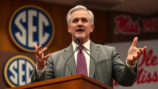 Lane Kiffin discusses coaching decision at SEC event.