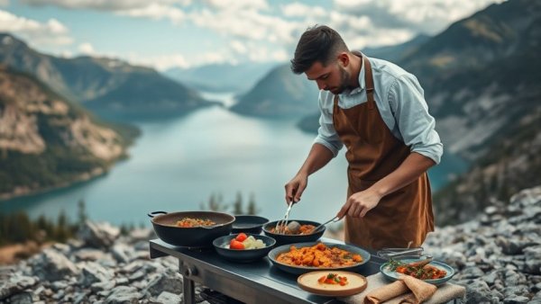 Chef preparing gourmet meal outdoors with stunning lake view, embodying remote luxury lodges.