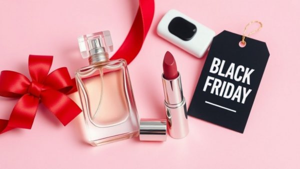 Black Friday beauty deals promotion with perfume and cosmetics on pink background.