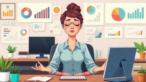 Animated woman practicing mindfulness training for focus at desk.