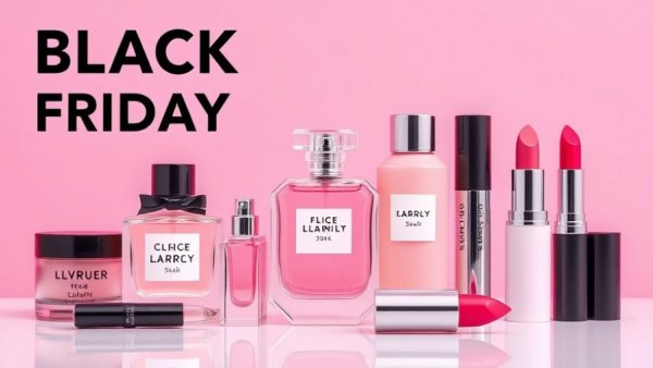 Black Friday beauty deals 2025 with chic beauty products on pink background.