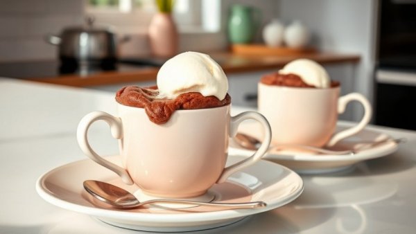 Delicious chocolate mug cake recipe served in pastel mugs.