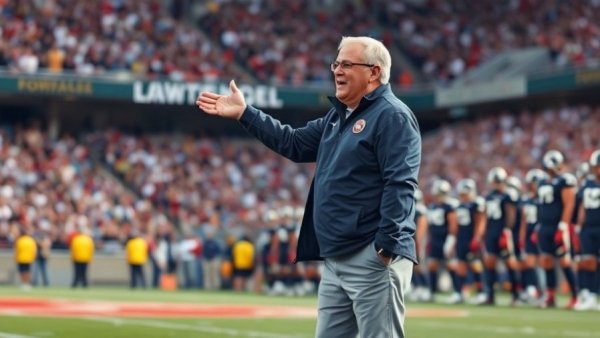 Coach motivating players on field in vibrant football game setting