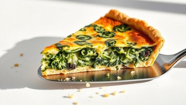 Close-up of spinach quiche slice in sunlight - winter meal for ice skating