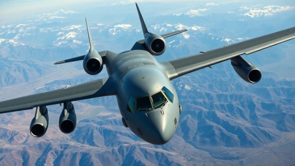 Next Generation Airlifter being refueled mid-air over a mountainous landscape.