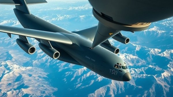 Next generation airlifter receiving mid-air refueling over mountains.