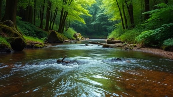 Tranquil stream with lush foliage, representing natural water management.