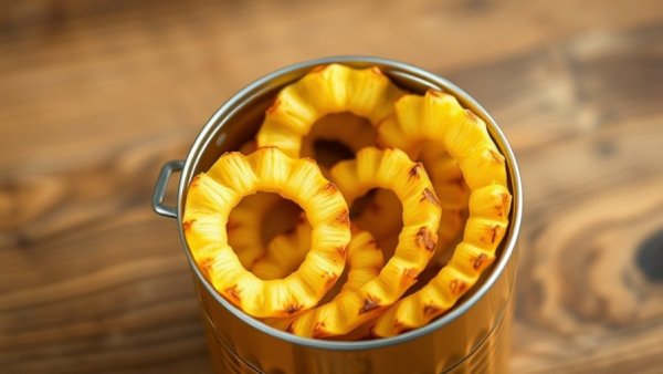 Open can of pineapple rings on a wooden table.