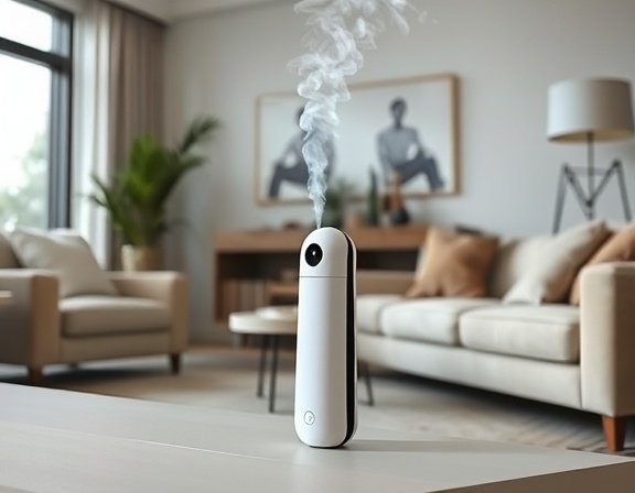 Sleek smell elimination device, confident, in action removing unpleasant smells, photorealistic, set in a modern living room with plush furniture, highly detailed, wisps of deodorized air visible, crisp whites and soft greys, soft ambient lighting, shot with a 35mm lens.