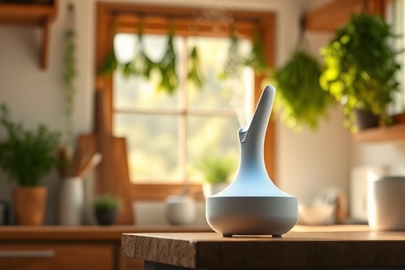 Innovative fragrance removal gadget, satisfied, quietly neutralizing scents, photorealistic, positioned in a sunny kitchen with hanging herbs, highly detailed, faint mist dispersion, earthy tones with accents of green, warm afternoon light, shot with a 24mm lens.