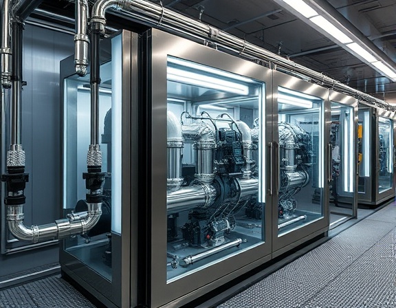 sleek neutralizer system, advanced, processing water, photorealistic, in a maintenance facility, highly detailed, moving parts seen through translucent panels, stainless steel and glass materials, neutral color palette, illuminated by LED strips, shot with a wide-angle lens.