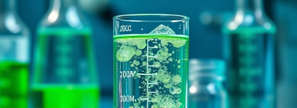 eco-friendly neutralizer solution, effective, neutralizing acids, photorealistic, in a laboratory setting, highly detailed, bubbling liquid, glass container with measurement markings, vivid greens and blues, spotlight from above, shot with a 50mm lens.