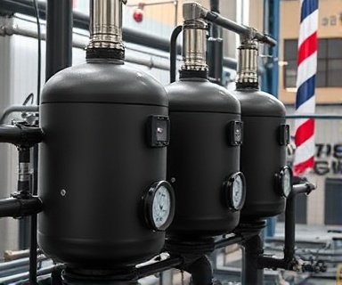 industrial acidic water system, efficient, converting acidic to neutral pH, photorealistic, installed in a bustling urban area, highly detailed, pipes and gauges with digital displays, matte black and silver, artificial overhead lighting, shot with a telephoto lens.
