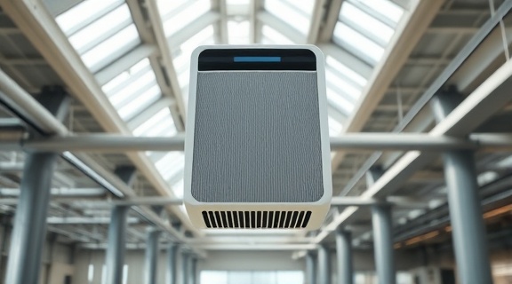 Modern deodorizing air purifier, efficient, cleansing the air, photorealistic, integrating in an urban office space with high ceilings and skylights, highly detailed, subtle airflow hinted, industrial greys and muted blues, bright overhead lighting, shot with a 28mm lens.