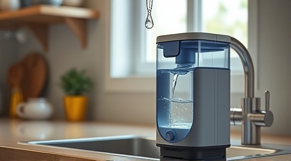 miniature water neutralizer, smart design, filtering impurities, photorealistic, within a domestic kitchen setting, highly detailed, water trickling through the device, sleek plastic and metal finish, soft household lights, neutral colors, shot with a micro lens.