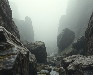 historic Lindyspring origins, nostalgic, emerging from rocky terrain, photorealistic, jagged rocks with patches of lichens, highly detailed, misty atmosphere, wide-angle lens, muted browns and greens, diffused lighting, shot with a 24mm lens