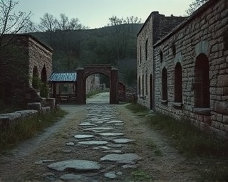 pioneering Lindyspring past, reflective, meandering through time, photorealistic, old stone structures and ruins around, highly detailed, dust motes in the air, fast aperture, cool grays and neutrals, twilight lighting, shot with a 85mm f/1.4 lens