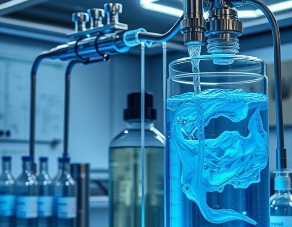 efficient osmosis system, intricate, purifying process, photorealistic, laboratory setting with glassware and charts, highly detailed, swirling liquid, high-definition, chrome and blue, fluorescent lighting, shot with a macro lens.