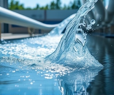 advanced osmosis water, refreshing, flowing through pipes, photorealistic, outdoor water treatment facility, highly detailed, splashing effects, ultra-high-definition, clear and pristine, sunlight filtering through, shot with a wide-angle lens.