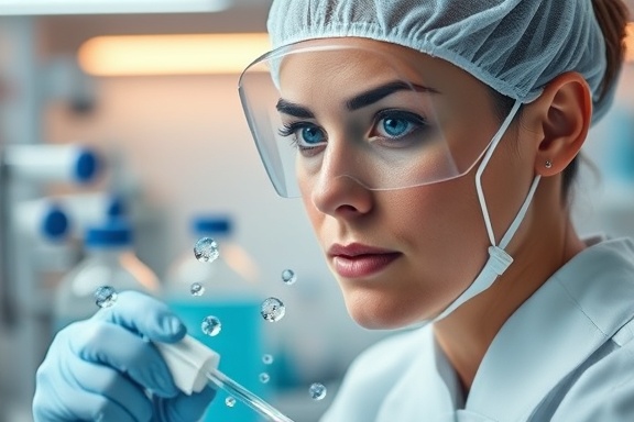 bacteria removal, focused expression, precision in action, photorealistic, high-tech lab environment with chemical apparatus, highly detailed, diffusion of cleaning agents visible, captured with high-definition clarity, sterilized white and blue tones, ambient LED lighting, shot with a 50mm lens