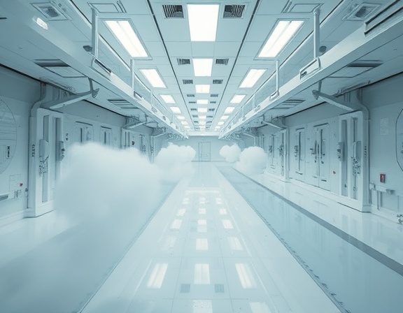 decontaminated bacteria landscape, concentrated expression, meticulously sterilizing, photorealistic, futuristic lab station with sterile surfaces, highly detailed, dynamic steam rising from surfaces, hyper-sharp focus, clean white with sharp contrasts, overhead bright lighting, shot with a 24mm wide-angle lens