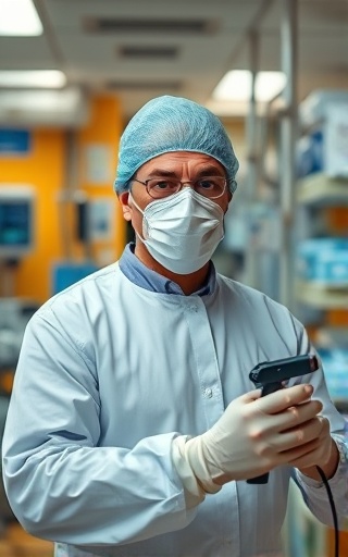 bacteria disinfection in progress, vigilant expression, actively sterilizing, photorealistic, modern hospital setting with dense equipment set, highly detailed, visible disinfectant mist in the air, depth of field focus, warm sterile yellows, balanced artificial lighting, shot with a 35mm prime lens