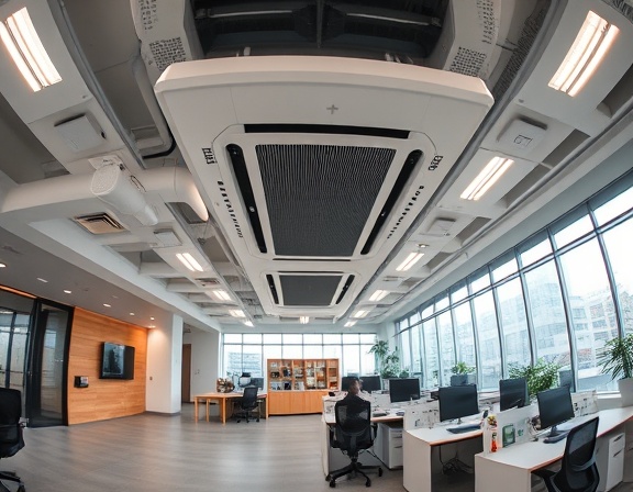 innovative conditioning systems office, providing comfort, maintaining optimal climate, photorealistic, open-plan office with natural light, highly detailed, interactive touchscreen controls, 12K resolution, matte black, fluorescent office lighting, shot with a fisheye lens.