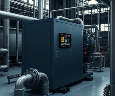 robust conditioning systems machine, running smoothly, enhancing productivity, photorealistic, industrial setting surrounded by pipes, highly detailed, showing digital diagnostics on a built-in monitor, ultra HD, dark grey, industrial lighting, shot with a telephoto lens.