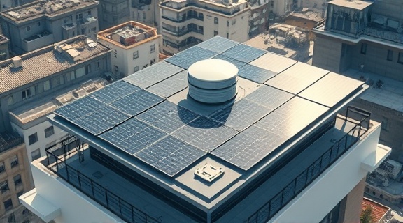 state-of-the-art conditioning systems roof, conserving energy, adapting to weather changes, photorealistic, urban rooftop with solar panels, highly detailed, with a rotating mechanism for optimal sun exposure, 4K resolution, white, natural sunlight, shot with a drone camera lens.
