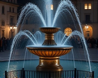 impressive Lindyspring fountain, historical allure, spraying upwards, photorealistic, crowded square setting, highly detailed, fine mist, ISO 800, f/9, antique bronze and blue greys, nighttime spotlights, shot with a zoom lens.
