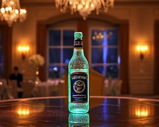 shimmering Lindyspring bottle, glowing translucence, rotating delightfully, photorealistic, elegant ballroom table, highly detailed, halation effects, ISO 120, f/2.8, crystal clear with mirror-like gloss, chandelier lighting, shot with an 85mm prime lens.
